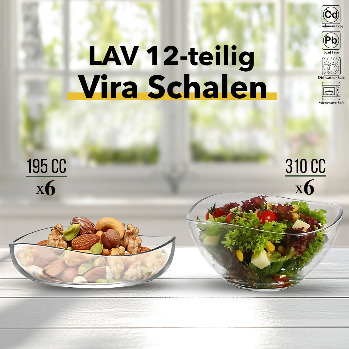 LAV Glasschalen Set 12-tlg. - 2 Größen (6x 195 ml & 6x 310 ml), Stapelbar
