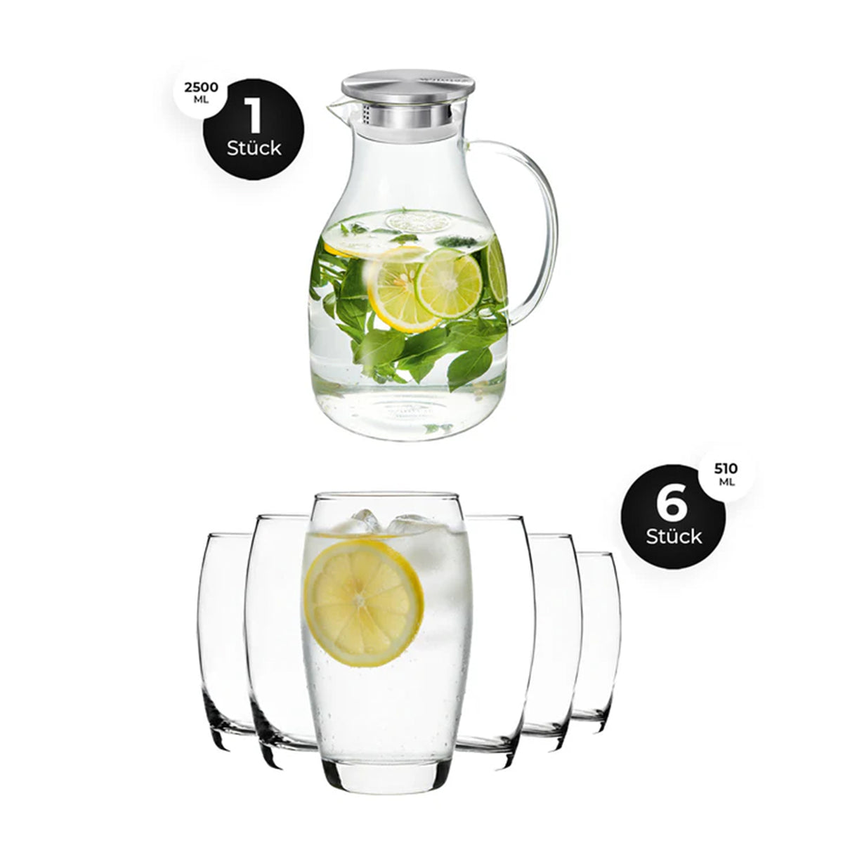 Wilmax Glaskrug 2,5 L Edelstahl Deckel LAV Longdrinkgläser 510 ml 6er Set
