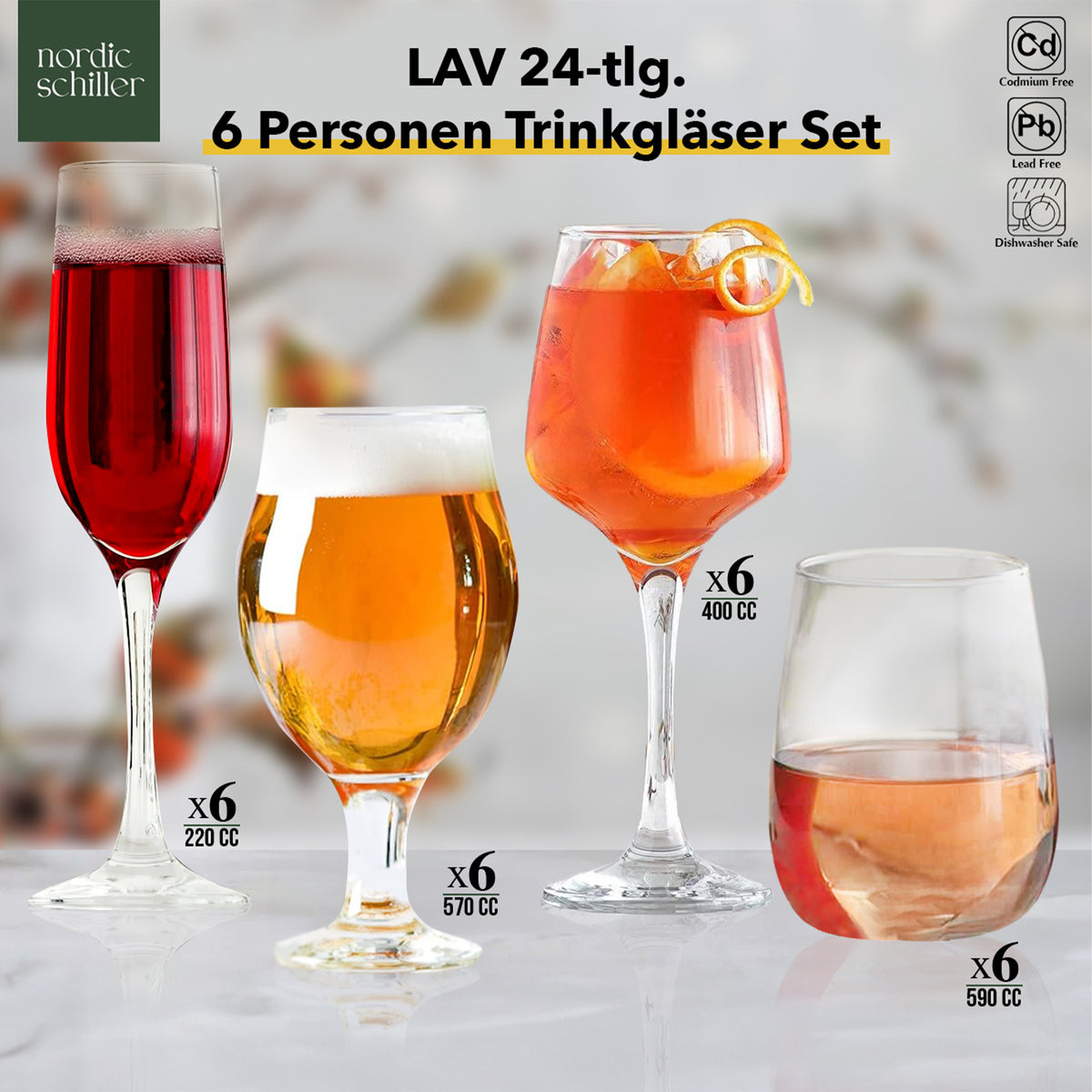LAV 24-tlg. 6 Personen Trinkgläser Set - Alle Teile